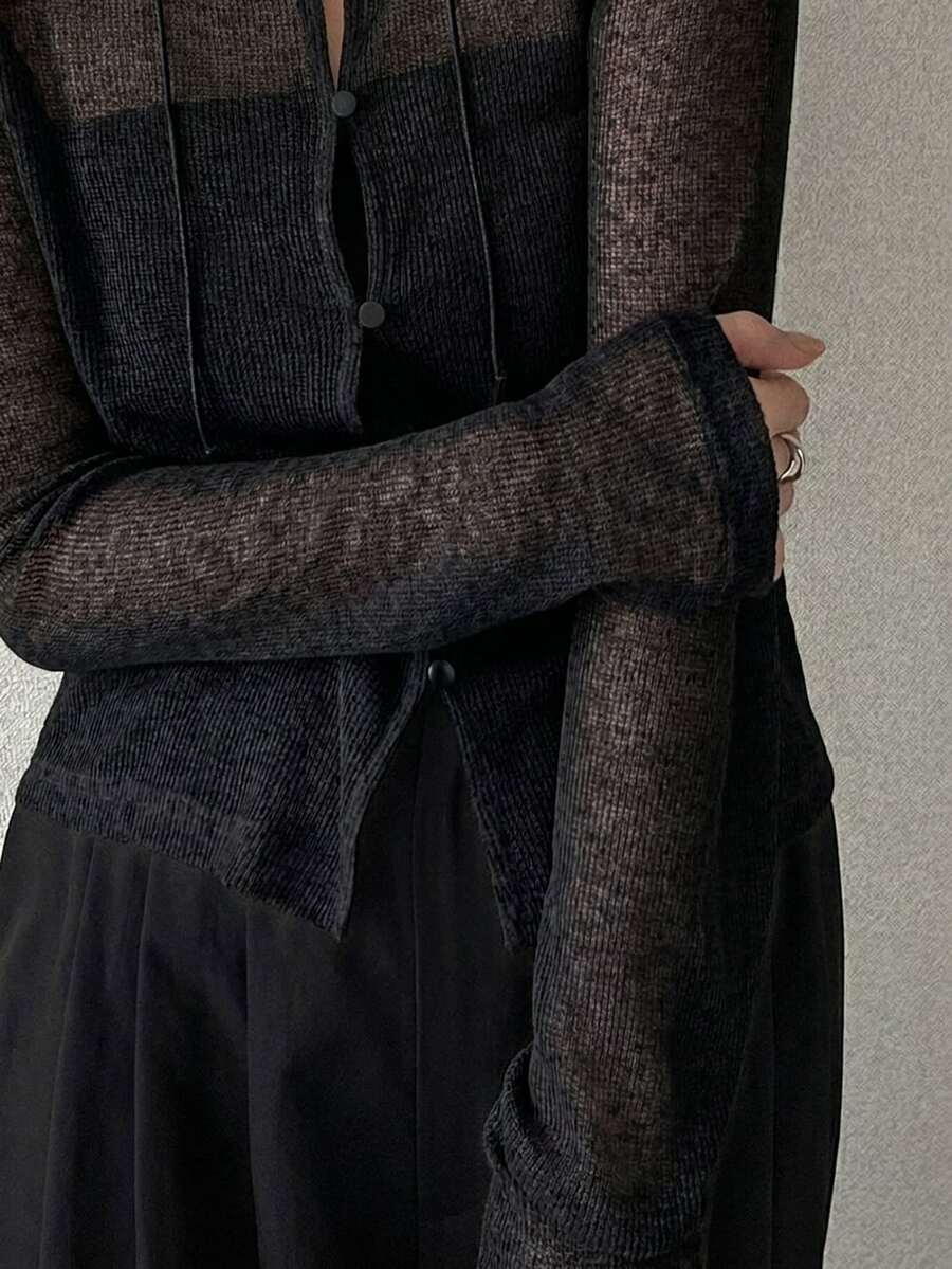 FRIFUL 女士纯色透视前开襟纽扣休闲长袖上衣 - 黑色 - 查看 1