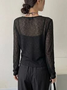 FRIFUL 女士纯色透视前开襟纽扣休闲长袖上衣 - 黑色 - 查看 7