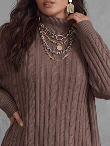 SHEIN LUNE Plus Size Thick Solid Color High Neck Cable Knit Long Sleeve Loose Casual Mid-Length Sweater, Autumn/Winter - Khaki - View 7