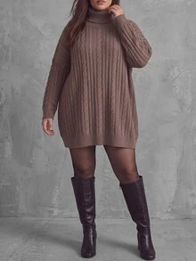 SHEIN LUNE Plus Size Thick Solid Color High Neck Cable Knit Long Sleeve Loose Casual Mid-Length Sweater, Autumn/Winter - Khaki - View 6