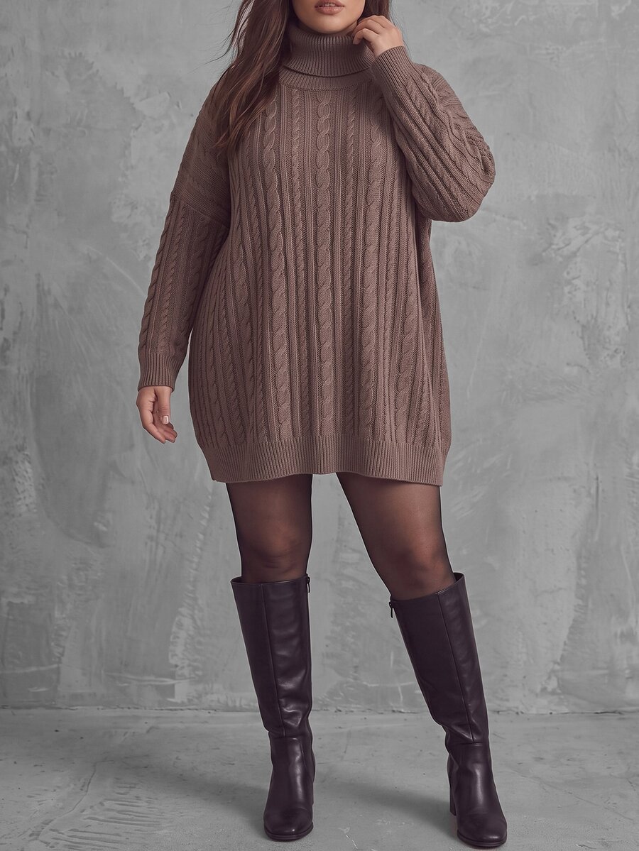 Linhara CURVE Plus Size Thick Solid Color High Neck Cable Knit Long Sleeve Loose Casual Mid-Length Sweater, Autumn/Winter - Khaki - View 1