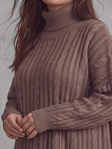 SHEIN LUNE Plus Size Thick Solid Color High Neck Cable Knit Long Sleeve Loose Casual Mid-Length Sweater, Autumn/Winter - Khaki - View 5