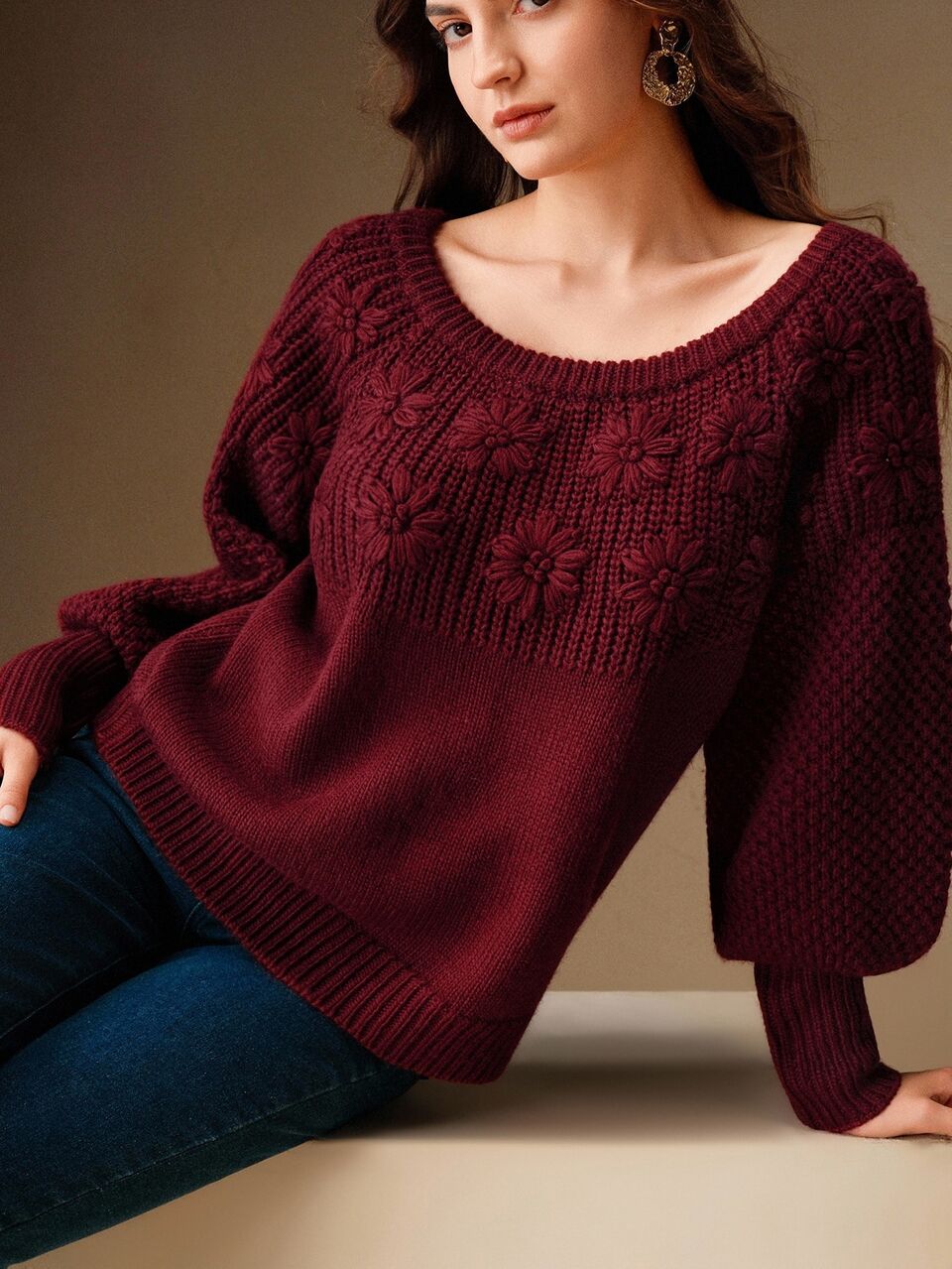 Women's Elegant 3D Embroidered Floral Pullover Lantern Sleeve Sweater, Suitable For Autumn, Winter Outfitting
