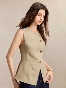 BizChic 女款金屬單排扣背心薄款西裝外套，返校、商務、教堂、優雅休閒卡其色，秋季萬聖節辦公室早午餐穿搭 - 卡其色 - 查看 3