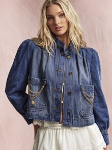 Willow Rêve Women's Light Blue Relaxed Denim Jacket, Washed Pleats, Chain Detail,90s Western Boho Cottagecore Style, Autumn Travel Officewear,Women's Denim Jacket - Blue - View 5