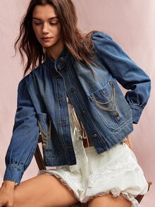 Willow Rêve Women's Light Blue Relaxed Denim Jacket, Washed Pleats, Chain Detail,90s Western Boho Cottagecore Style, Autumn Travel Officewear,Women's Denim Jacket - Blue - View 7