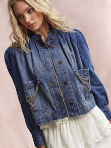 Willow Rêve Women's Light Blue Relaxed Denim Jacket, Washed Pleats, Chain Detail,90s Western Boho Cottagecore Style, Autumn Travel Officewear,Women's Denim Jacket - Blue - View 3