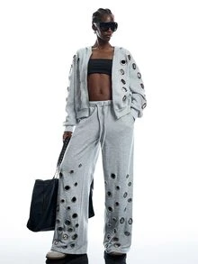 LYSMO Pantalones largos de mujer estilo sexy streetwear holgados de moda con ojales, cintura con cordón, bolsillos, corte ancho, gris, estilo 2000s Y2k, para otoño, aeropuerto - Gris - Ver 6