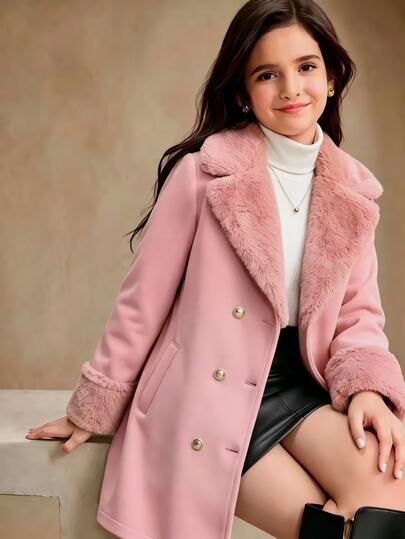 SHEIN Elladie kids Tween Girl Coat Fleece Fall Clothes Fuzzy Lapel NeckLong Sleeve Autumn/Winter Jacket, Holiday Outfits, Casual
