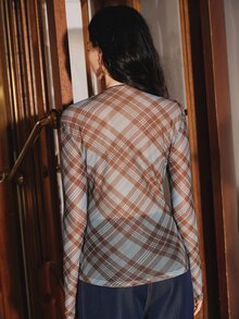 Anewsta 秋冬優雅復古時尚休閒外出日常約會通勤彈性網格格紋女款打底上衣 藍色與棕色 - 藍色 - 查看 7