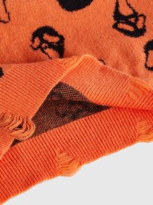 ROMWE Dark Gothic Halloween Ghost Face Jacquard Distressed Design Crew Neck Pullover Loose Fit Sweater - Orange - View 5