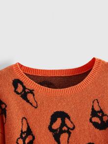 ROMWE Dark Gothic Halloween Ghost Face Jacquard Distressed Design Crew Neck Pullover Loose Fit Sweater - Orange - View 3