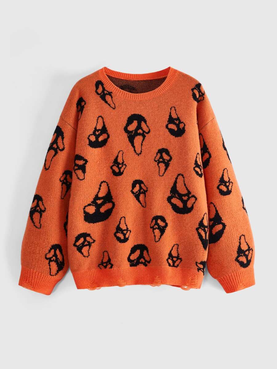 ROMWE Dark Gothic Halloween Ghost Face Jacquard Distressed Design Crew Neck Pullover Loose Fit Sweater - Orange - View 1