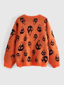 ROMWE Dark Gothic Halloween Ghost Face Jacquard Distressed Design Crew Neck Pullover Loose Fit Sweater - Orange - View 2