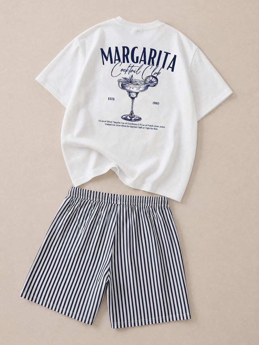 FROVYX Men's T-Shirt Set,White,Navy And White American Vintage Margarita Print T-Shirt & Striped Shorts,Summer,Casual,Vacation Outfit For Daily Beach Wear - White - View 1