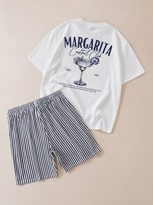FROVYX Men's T-Shirt Set,White,Navy And White American Vintage Margarita Print T-Shirt & Striped Shorts,Summer,Casual,Vacation Outfit For Daily Beach Wear - White - View 3