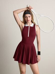 CourtClass CourtClass Contrast Panel Backless Hollow-Out Design Casual Yoga Sports Dress Athletic Dress - Burgundy - View 2