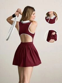 CourtClass CourtClass Contrast Panel Backless Hollow-Out Design Casual Yoga Sports Dress Athletic Dress - Burgundy - View 3