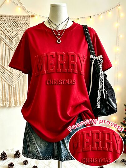 Lalippa Women's Loose Red T-Shirt, Christmas Happy Foam Print Letter Short Sleeve T-Shirt, Casual Holiday Pattern Top, Suitable For Winter Holiday Party Wear