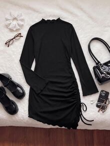 Comfortcana Polyester Spandex Mesh Lined Double Layer Side Ruched Asymmetrical Hem Plus Size Dress Halloween Party Date Night Black Autumn Sexy Elegant - Black - View 7