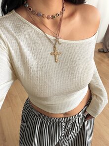 Coolane Women's Plus Size Fall Winter Going Out Casual Formal Elegant Stretchy Daily Wear Asymmetrical Shoulder Ruched Beige T-Shirt - Beige - View 6