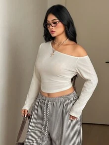 Coolane Women's Plus Size Fall Winter Going Out Casual Formal Elegant Stretchy Daily Wear Asymmetrical Shoulder Ruched Beige T-Shirt - Beige - View 4