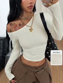 Coolane Women's Plus Size Fall Winter Going Out Casual Formal Elegant Stretchy Daily Wear Asymmetrical Shoulder Ruched Beige T-Shirt - Beige - View 8