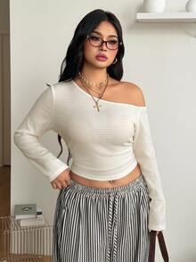 Coolane Women's Plus Size Fall Winter Going Out Casual Formal Elegant Stretchy Daily Wear Asymmetrical Shoulder Ruched Beige T-Shirt - Beige - View 5