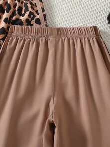 SHEIN Young Girl Casual Long Pants, Leopard Print & Solid Color Side Stripe Combination Set, Elastic Waistband Comfortable Skin-Friendly, Sporty Style Pants, Daily, 2 Colors In 1 Pack For Versatile Matching - Brown - View 7