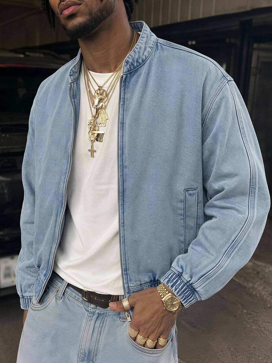 Mainfolk Men's Rapper Athleisure Grunge Streetwear Casual Washed Denim Jacket Street Y2K Back To School Winter/Autumn - Blue - View 1