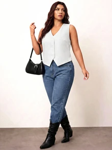 Enliva Plus Size Black Vest Thin Jacket, Women Office Wear Blouse - White - View 3