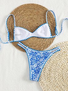 Swim Mod Summer Sweet Blue Floral Boho Two Pieces Bikini Set,Contrast Color Tie-Side Halter Backless Triangle Swimwear For Beach,Holiday,Party,Holiday - Blue - View 2