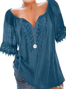 EMERY ROSE Women's Contrast Lace Loose Casual Short Sleeve Shirt - Teal Blue - View 4