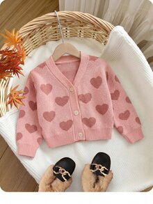 SHEIN Baby Girl Girls Cute Lightweight Autumn Winter Sweater Cardigan Featuring An Allover Heart Pattern And Ribbed Trim, - Pink - View 3