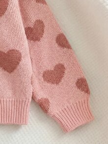 SHEIN Baby Girl Girls Cute Lightweight Autumn Winter Sweater Cardigan Featuring An Allover Heart Pattern And Ribbed Trim, - Pink - View 6