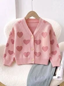 SHEIN Baby Girl Girls Cute Lightweight Autumn Winter Sweater Cardigan Featuring An Allover Heart Pattern And Ribbed Trim, - Pink - View 1