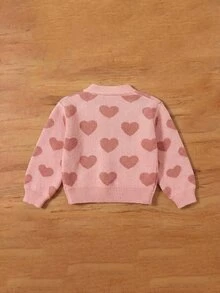 SHEIN Baby Girl Girls Cute Lightweight Autumn Winter Sweater Cardigan Featuring An Allover Heart Pattern And Ribbed Trim, - Pink - View 5
