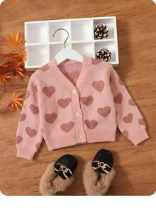 SHEIN Baby Girl Girls Cute Lightweight Autumn Winter Sweater Cardigan Featuring An Allover Heart Pattern And Ribbed Trim, - Pink - View 7
