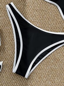 Swim Mod 2 件套女士性感无线抹胸上衣和拼色三角下装比基尼套装，夏季 - 黑與白 - 查看 3