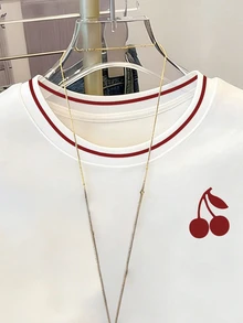 Resyla Women's Fashion Casual Preppy Cute White And Red Contrast Stripe Cherry Print Regular Fit Round Neck Short Sleeve T-Shirt Everyday School Summer - White - View 4