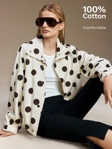 Ontre Polka Dot Print Drop Shoulder Coat Street-Cool, High-End, Simple, Cool Motorcycle Style Workwear A Must-Have For Winter: A High-End, Comfortable - Light Yellow - View 1