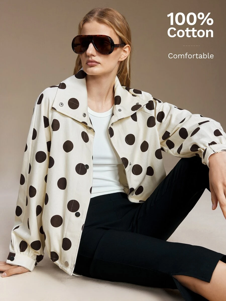 Ontre Polka Dot Print Drop Shoulder Coat Street-Cool, High-End, Simple, Cool Motorcycle Style Workwear A Must-Have For Winter: A High-End, Comfortable - Light Yellow - View 1