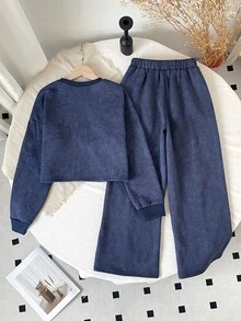 SHEIN 兒童青少年女孩連帽衫與運動衫套裝 - 藏蓝色 - 查看 7
