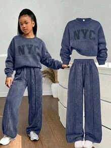SHEIN 兒童青少年女孩連帽衫與運動衫套裝 - 藏蓝色 - 查看 1