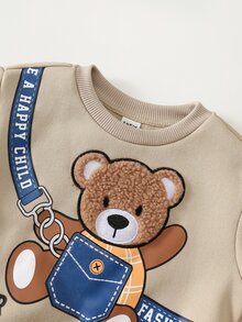 SHEIN Baby Boy Bear Crossbody Bag Pattern Round Neck Long Sleeve Pullover Sweatshirt And Cuffed Pants 2 Pieces Set - Multicolor - View 3