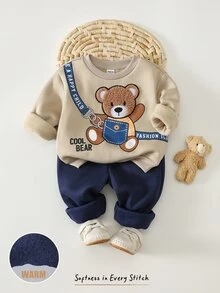 SHEIN Baby Boy Bear Crossbody Bag Pattern Round Neck Long Sleeve Pullover Sweatshirt And Cuffed Pants 2 Pieces Set - Multicolor - View 7