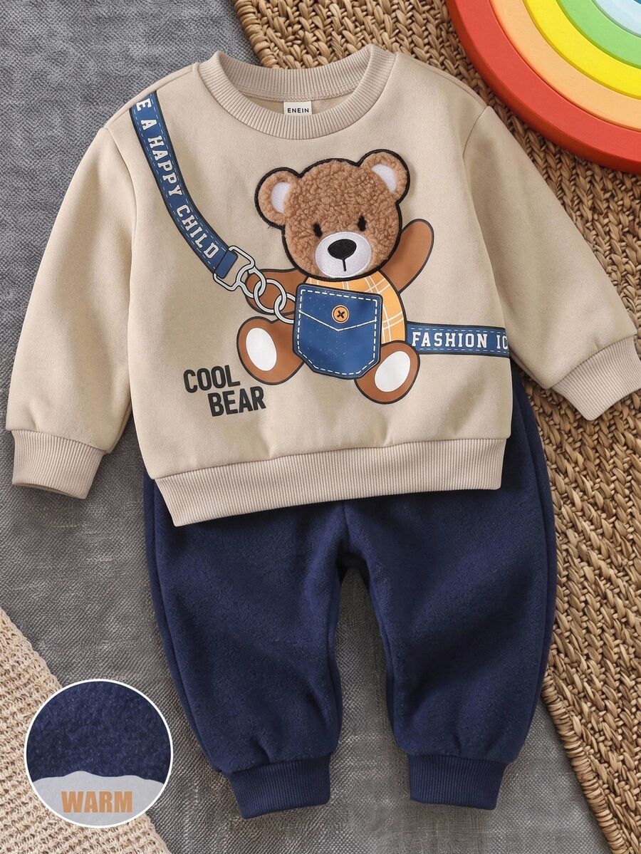 SHEIN Baby Boy Bear Crossbody Bag Pattern Round Neck Long Sleeve Pullover Sweatshirt And Cuffed Pants 2 Pieces Set - Multicolor - View 1