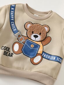 SHEIN Baby Boy Bear Crossbody Bag Pattern Round Neck Long Sleeve Pullover Sweatshirt And Cuffed Pants 2 Pieces Set - Multicolor - View 4