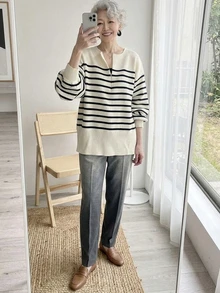 FRIFUL Women's Striped Casual Daily Wear Long Sleeve Sweater - Black and White - View 3