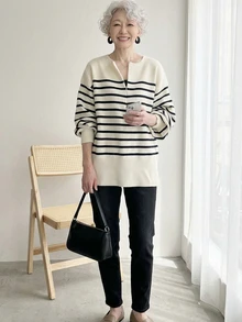 FRIFUL Women's Striped Casual Daily Wear Long Sleeve Sweater - Black and White - View 2